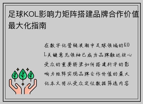 足球KOL影响力矩阵搭建品牌合作价值最大化指南